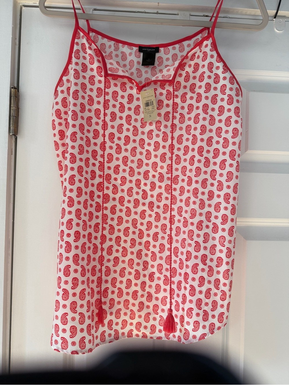 Ann Taylor White and Pink Paisley Tassel Camisole